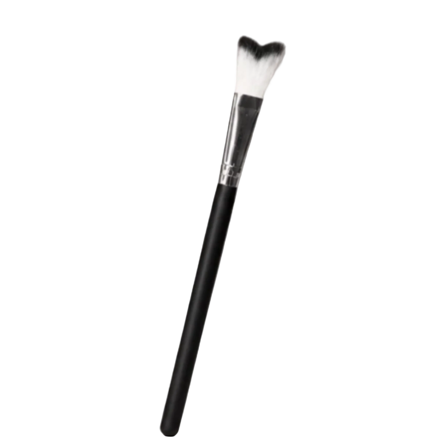 A makeup brush with a black handle, silver ferrule, and white-to-black bristles, standing upright against a neutral gray background.