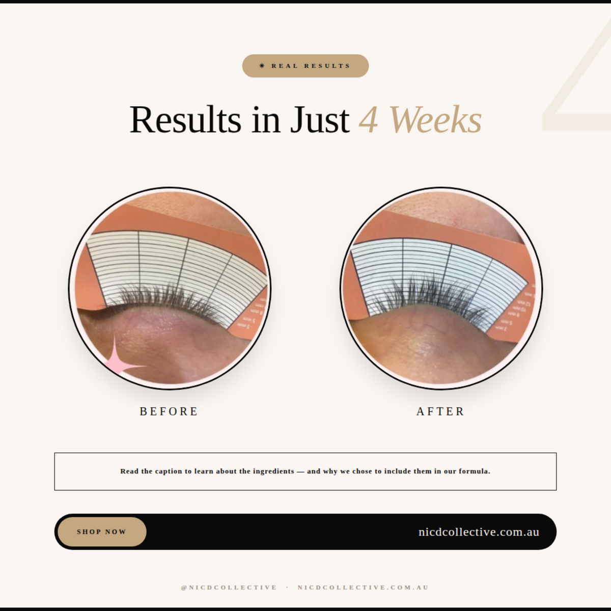 A promotional graphic for false eyelashes showing a before-and-after comparison. The top text reads 'Results in Just 4 Weeks' with a small 'Real Results' badge.