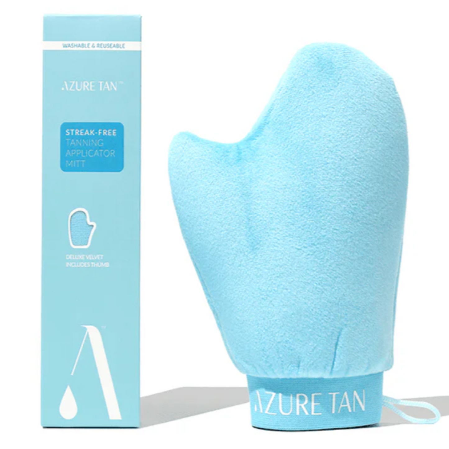Azure Tan Streak-Free Tanning Applicator Mitt in light blue, shown next to its matching light blue packaging box on a white background.