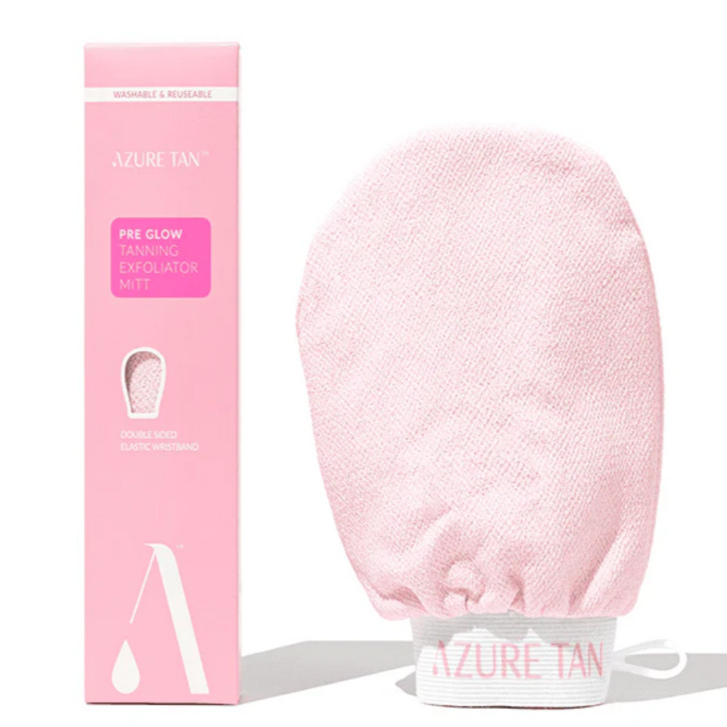A pink exfoliator mitt next to its pink packaging box, featuring the brand name 'AZURE TAN' on both the mitt and the box.