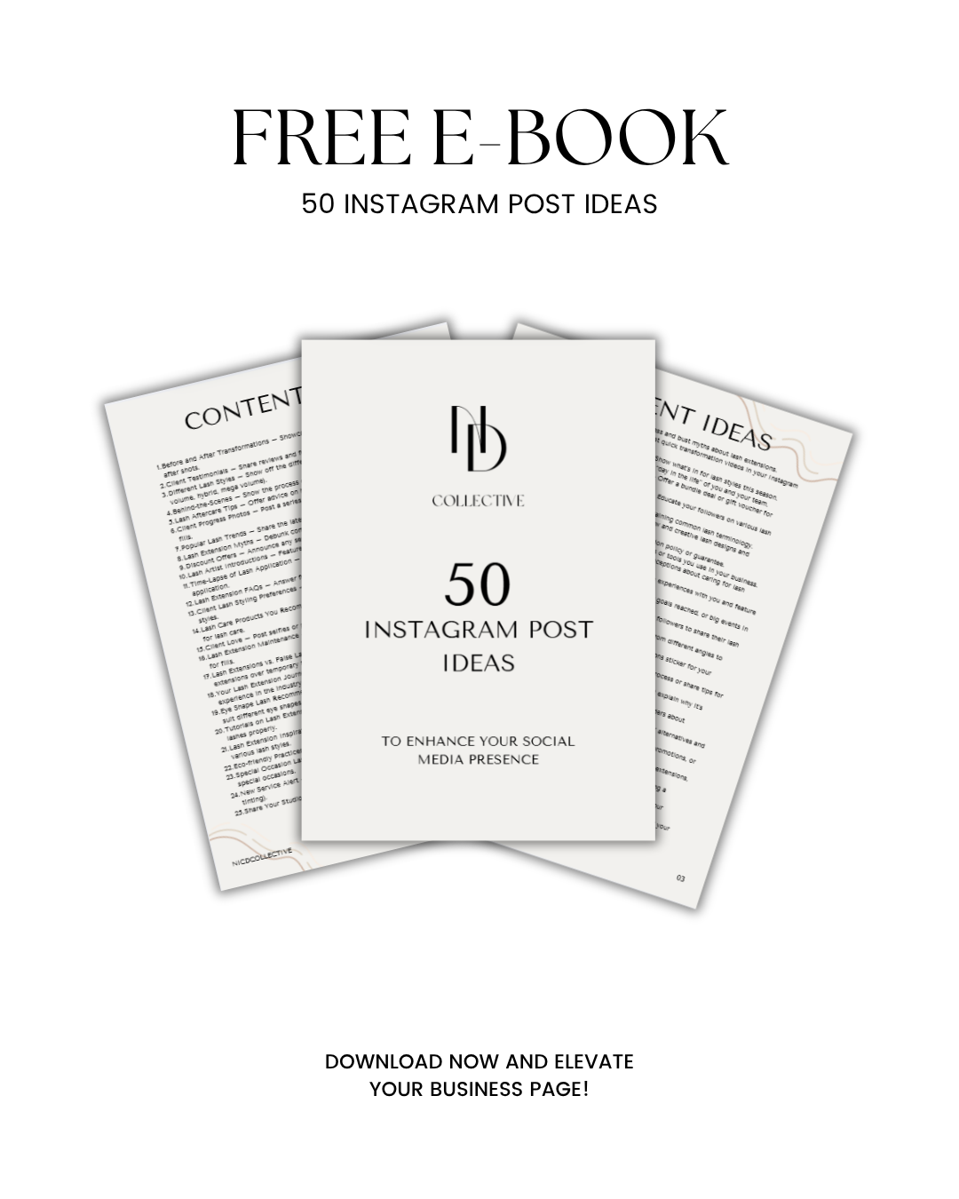 Free e-book titled '50 Instagram Post Ideas' with a white cover and black text on a white background.