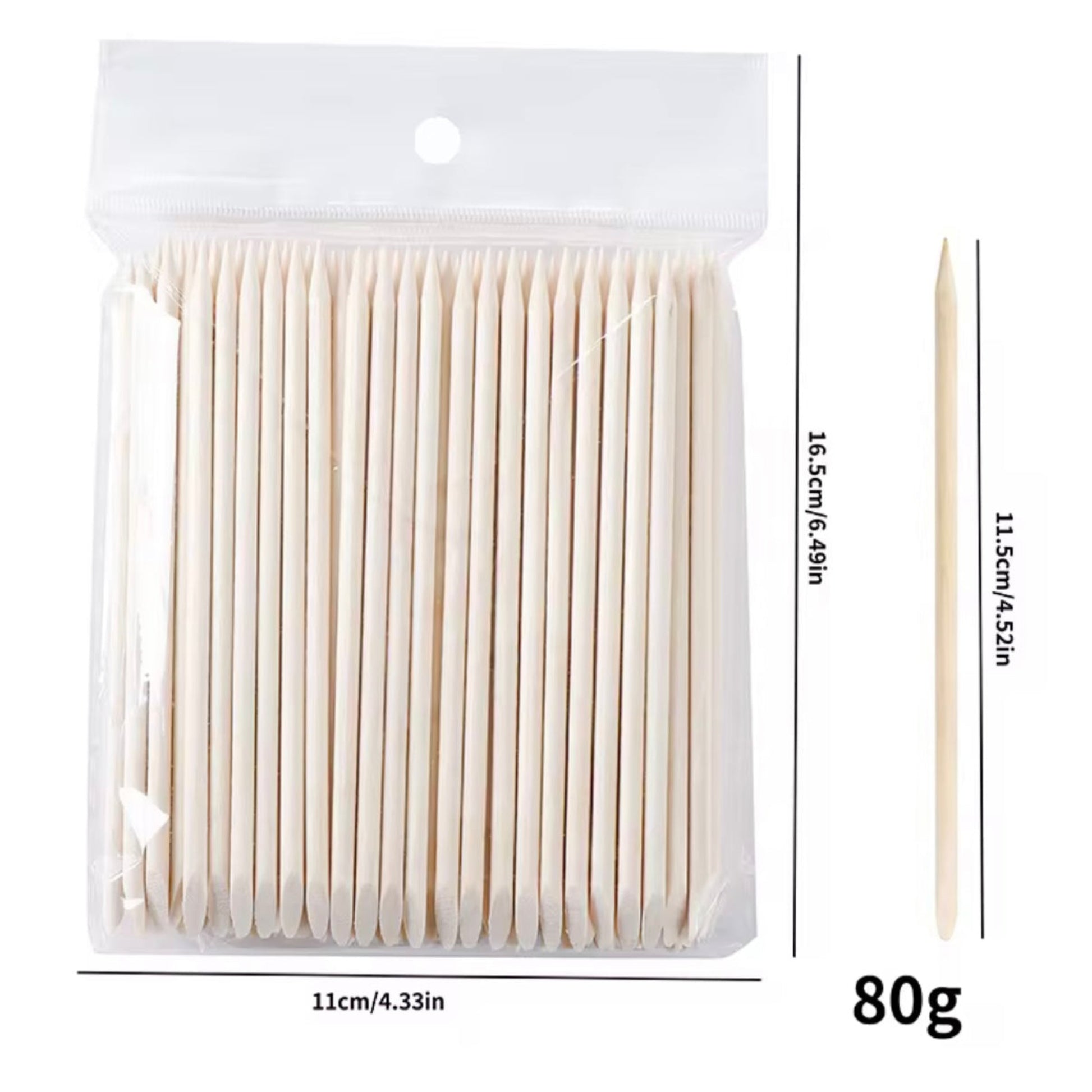 Packaged wooden sticks with dimensions and weight displayed on a white background