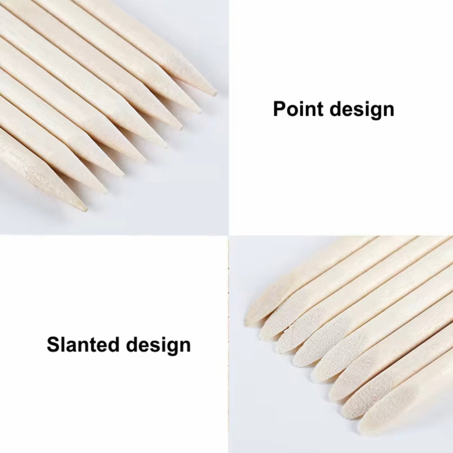 Two sets of wooden sticks labeled 'Point design' and 'Slanted design' on a white background.