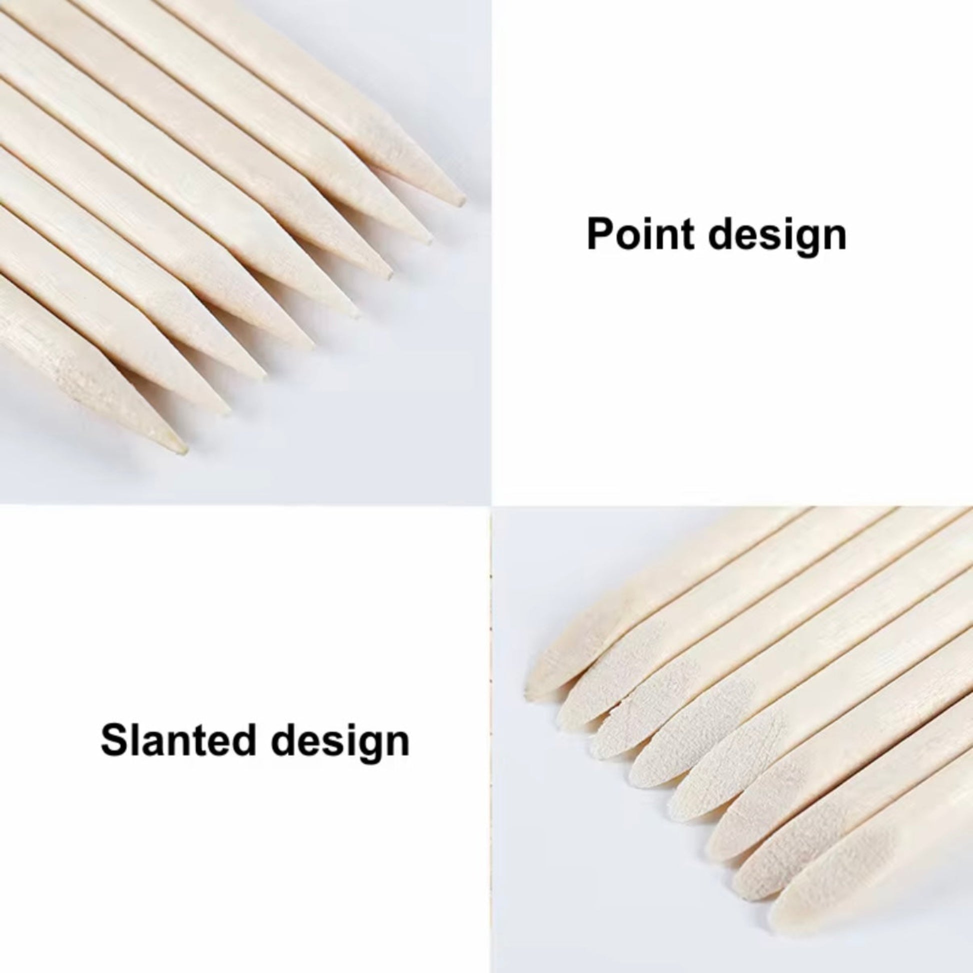 Two sets of wooden sticks labeled 'Point design' and 'Slanted design' on a white background.