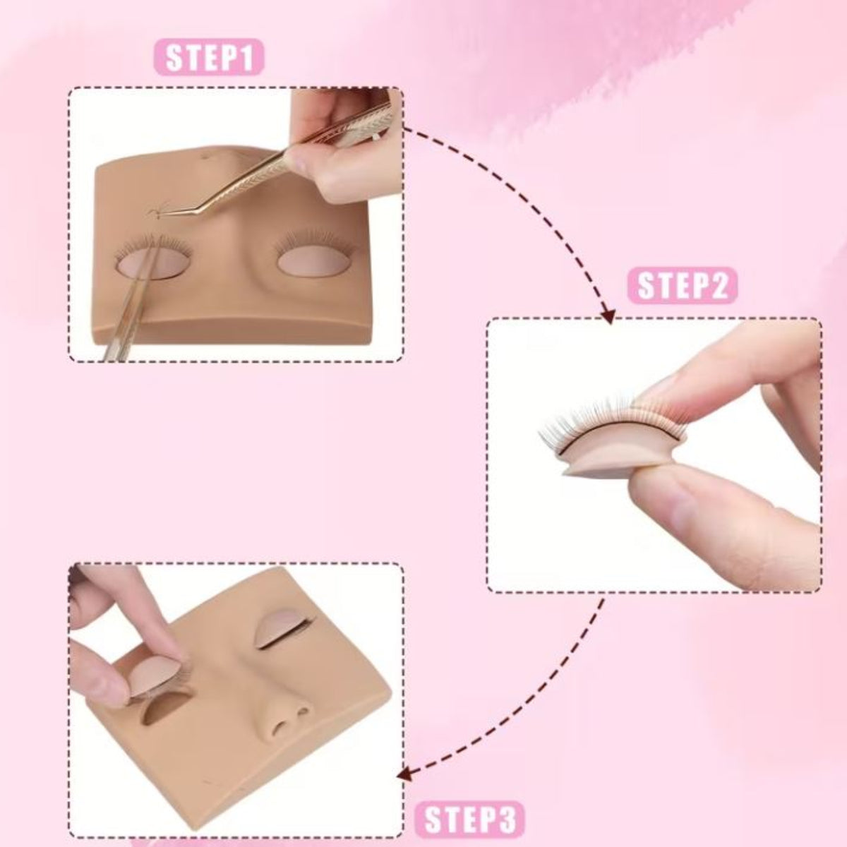 Three-step diagram showing how to apply false eyelashes using a beige practice face mold: Step 1 shows tweezers placing a lash strip into the eye-shaped cavity, Step 2 shows a hand lifting the lash strip with a spatula tool, and Step 3 shows the piece being pressed into the skin of the practice face.