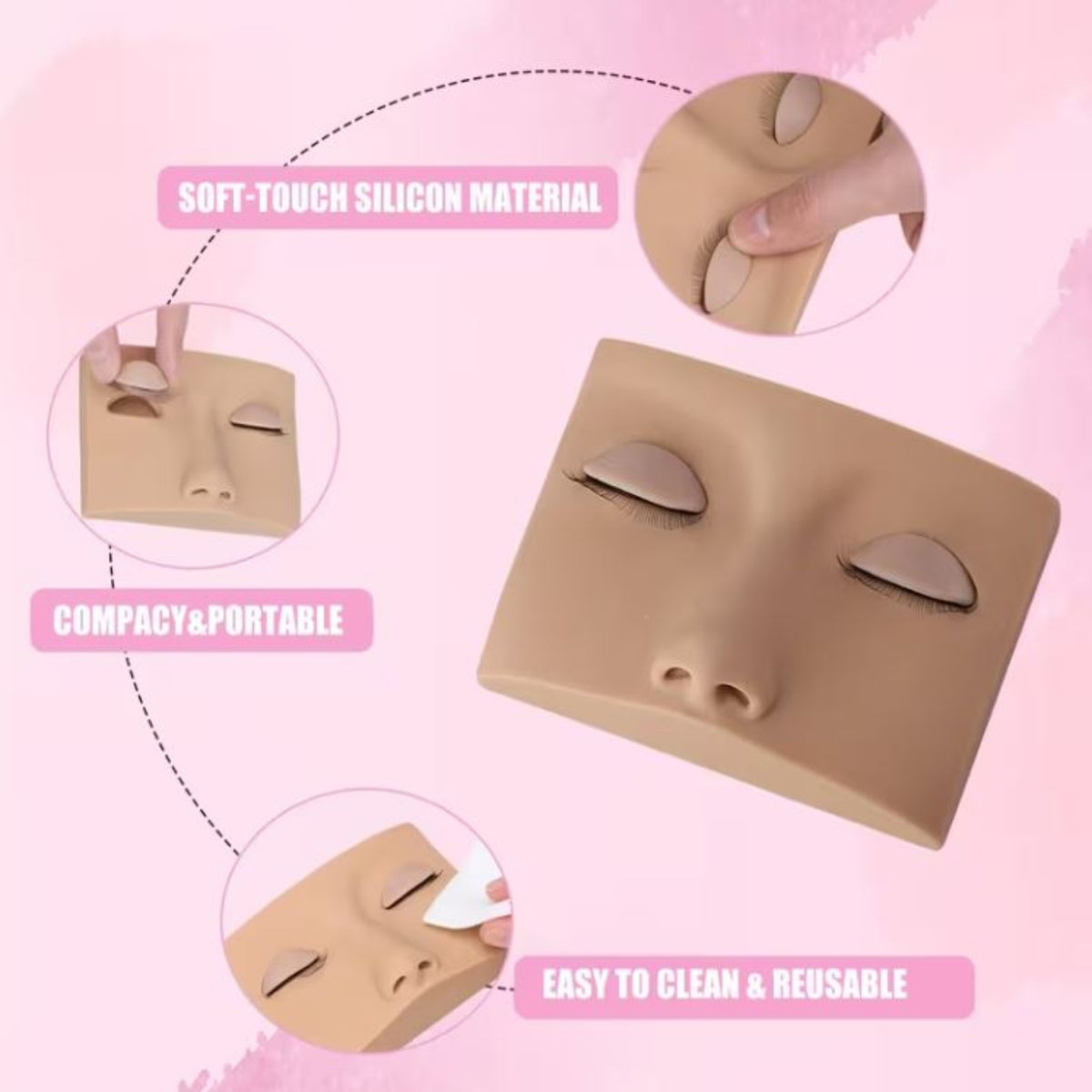 A reusable silicone face training mask shown on a pink background with three circular callout insets highlighting soft-touch silicone material, compactness/portability, and easy cleaning and reusability. Text labels are included in the image.