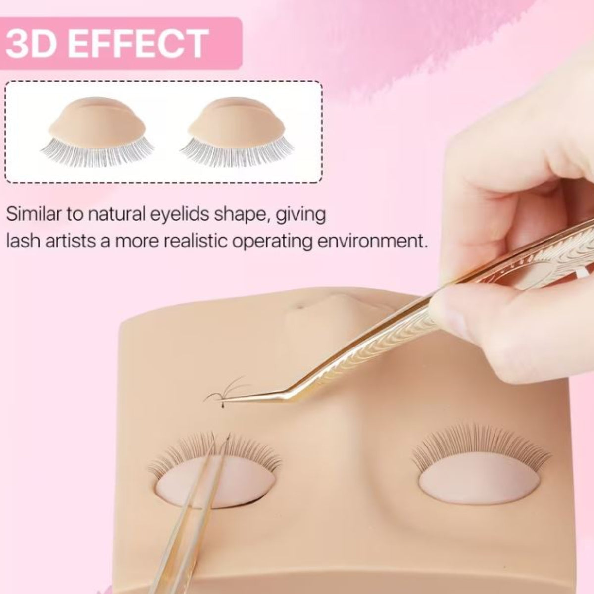 A hand uses gold tweezers to place a pair of false eyelashes onto a beige practice eye mold. The image includes a pink header reading '3D EFFECT' and a small inset showing two natural-looking eyelash shapes.